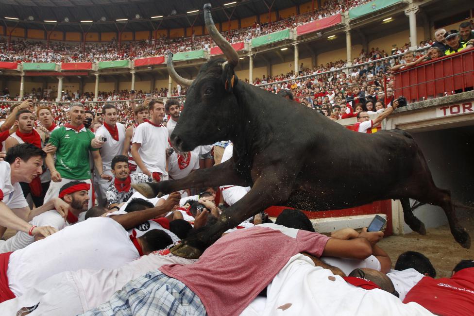 A wild cow leaps over revellers into the bull ring after the second running of the bulls of the San Fermin festival in Pamplona, northern Spain, July 8, 2015. REUTERS/Joseba Etxaburu