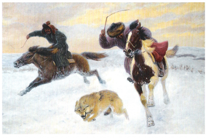 Охота на волка в Средней Азии. Картина художника Алексея Комарова, начало 20 века