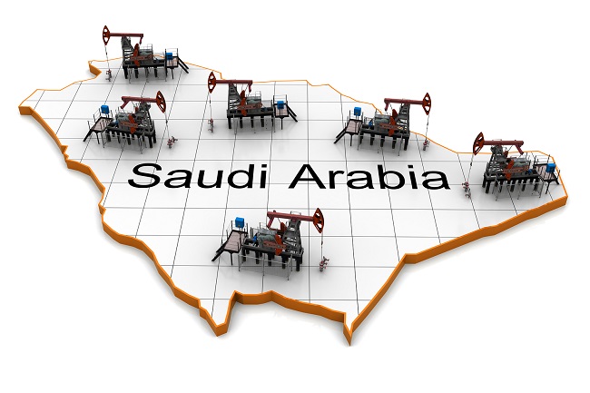 Oil pump-jacks on a map of Saudi Arabia