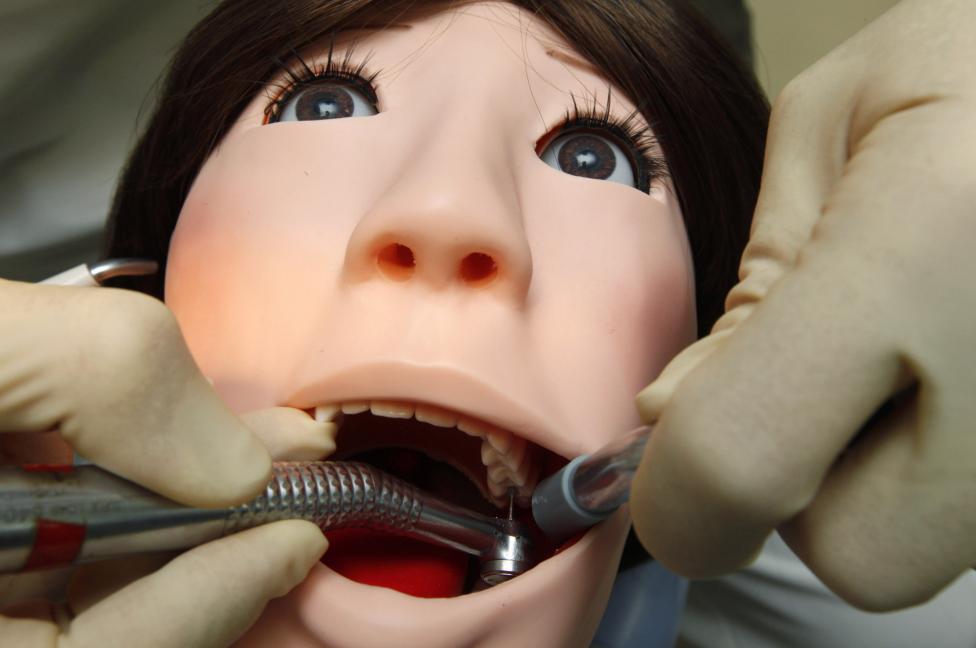 A dentist demonstrates on a dental patient robot at Showa University in Tokyo, Japan March 25, 2010. The humanoid female robot was developed to give practical experience for dental students and can be used for examination purposes. The robot displays autonomous action of physiological phenomenon such as eye and tongue movement and can be controlled by either original programming or an instructor using an external touch panel, the university said. REUTERS/Kim Kyung-Hoon