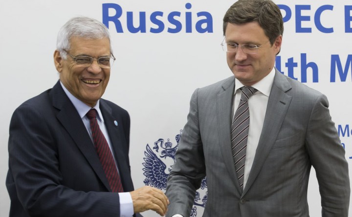 Russian Energy Minister Alexander Novak, right, Secretary General of Organization of Petroleum Exporting Countries (OPEC) Abdalla Salem El-Badri of Libya smile as they talk to press after talks in Moscow, Russia, Thursday, July 30, 2015. The Russian energy minister was meeting on Thursday with top officials from the OPEC as lower oil prices continued to batter RussiaвЂ™s economy and the currency.(AP Photo/Ivan Sekretarev)